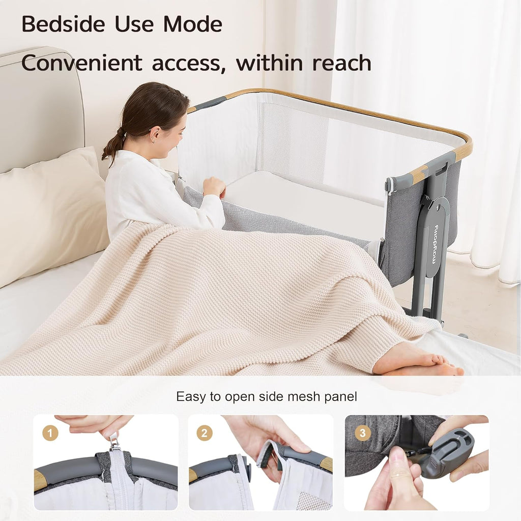 Maydolly Baby Bassinet Bedside Crib, 3-in-1 Baby Bassinet Bedside Bed with Mattress and Soft, Breathable Sheet, 7-Height Adjustable, Stable and Reliable Crib for Nursery