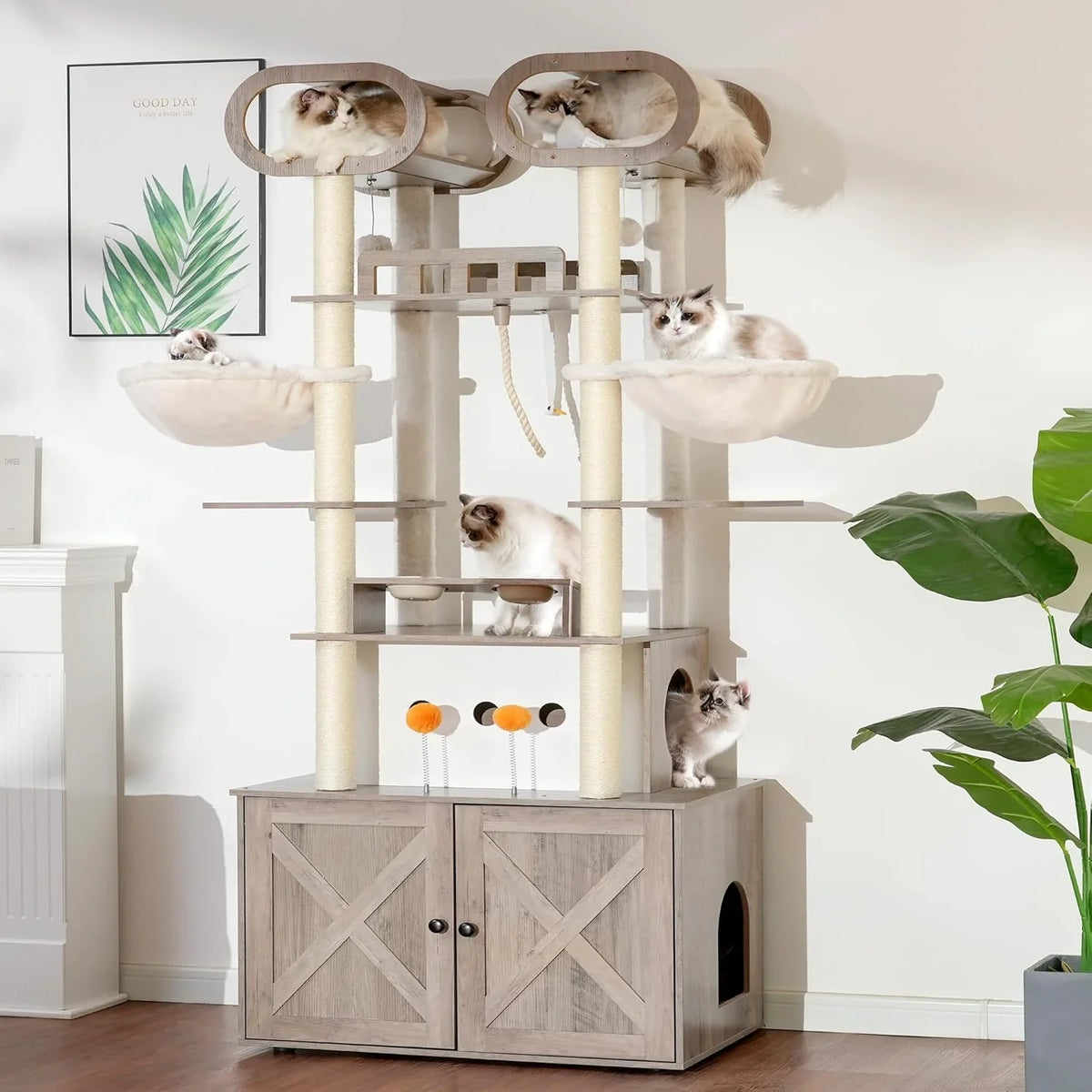 The Habori cat climbing frame with cat litter box storage box, a 76.8-inch wooden Menicos cat tower, equipped with a feeding station and a large platform, modern-style large cat apartment furniture, with a climbing column made of full Nisaal material