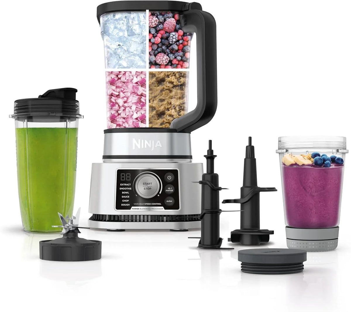 Blender and food processor combination set, Foodi powerful blender system, suitable for making smoothies, bowl foods, spreads and milkshakes, with 6 functions, 72-ounce water jug, portable cup, silver color, SS401 model.
