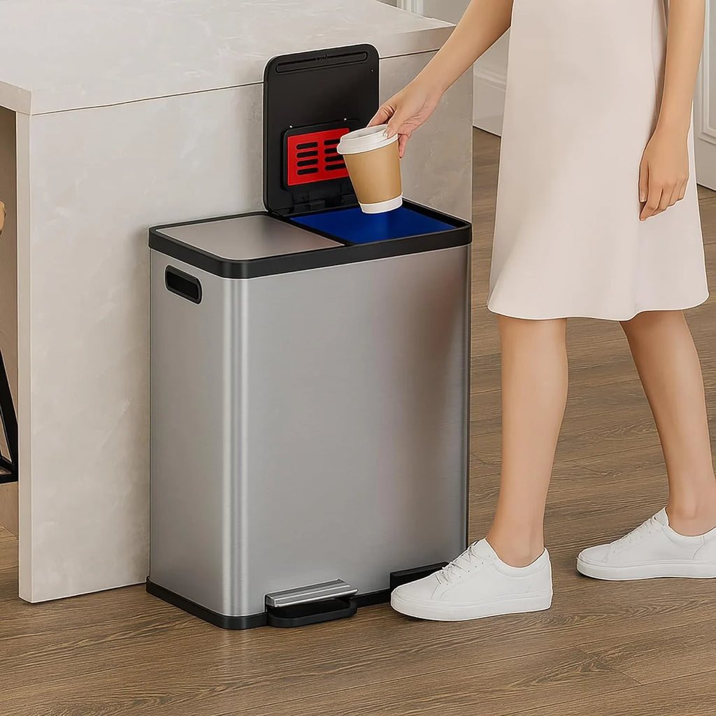 16-gallon contact-free trash and recycling bins, made of stainless steel, with a double compartment design (each compartment holds 8 gallons), suitable for recycling and waste disposal in the kitchen.