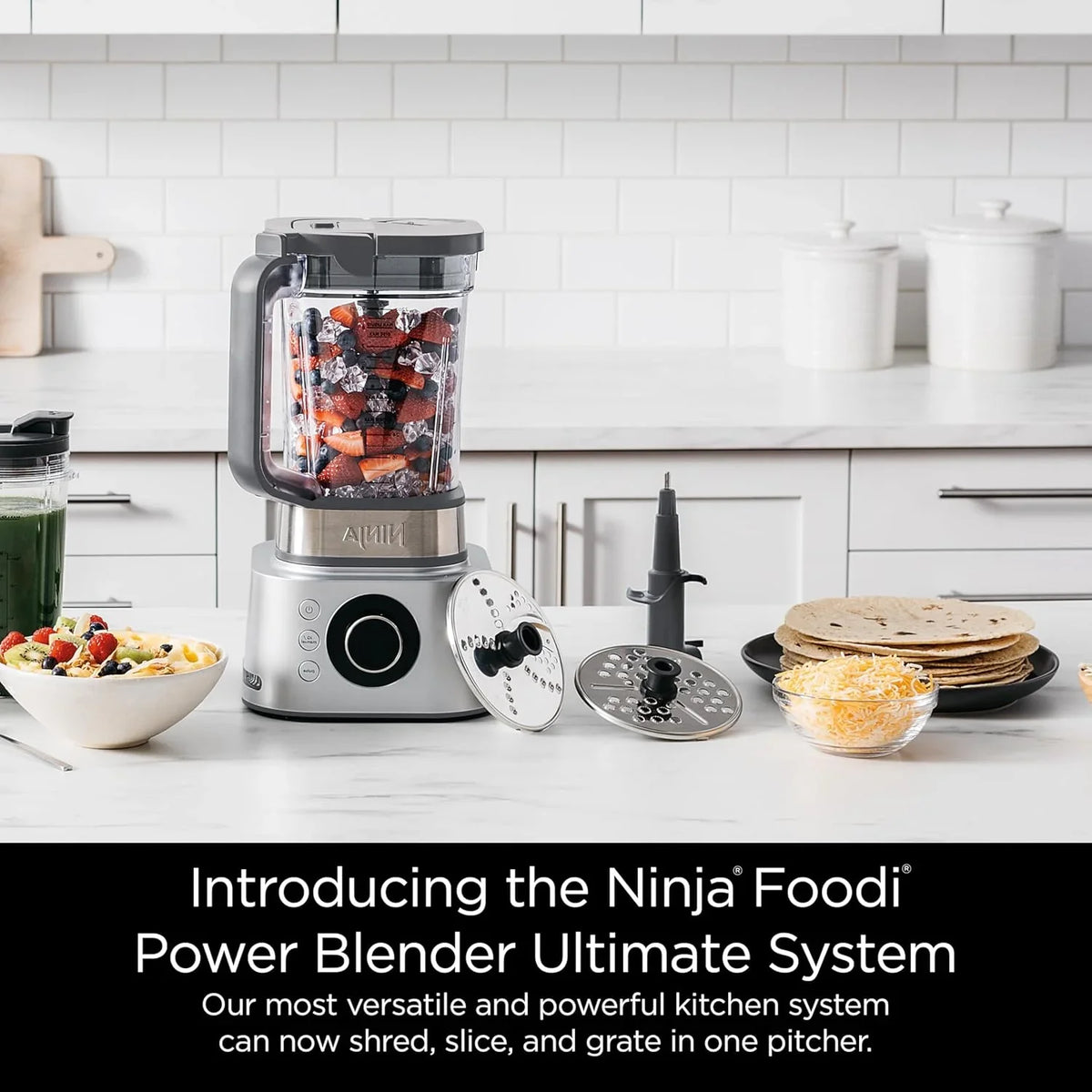 Blender and food processor combination set, Foodi powerful blender system, suitable for making smoothies, bowl foods, spreads and milkshakes, with 6 functions, 72-ounce water jug, portable cup, silver color, SS401 model.