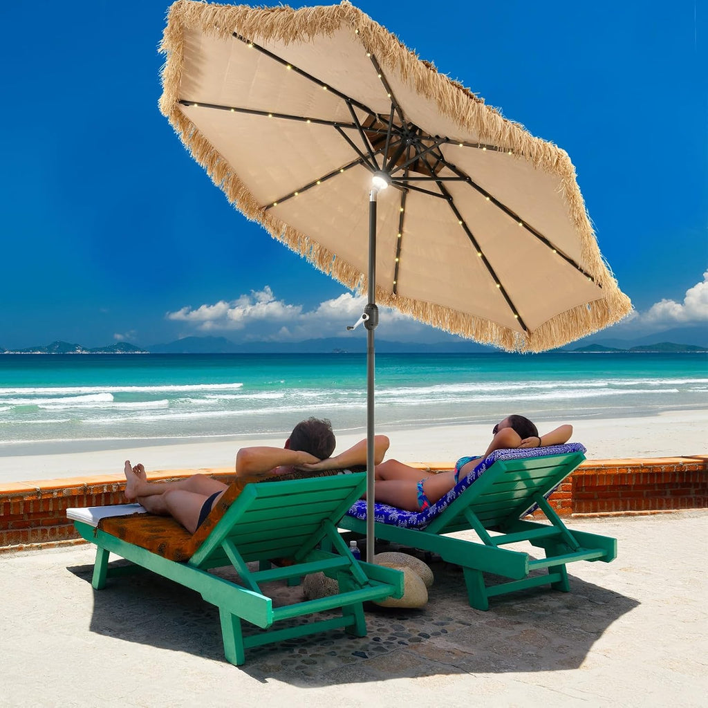 Mud-cloth style ti-ki courtyard shade umbrella - Two-layer Hawaiian lei-style inclined beach shade umbrella, equipped with 33 LED lights, 8 umbrella ribs and a rotatable lifting device, solar-powered lawn-type courtyard shade umbrella, tropical palm