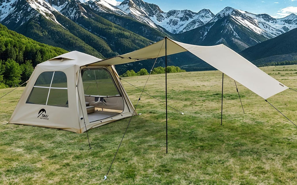 Portable inflatable camping tent, equipped with a manual pump, suitable for 3/4/6 people, easy to set up, suitable for outdoor activities. This inflatable outdoor waterproof Oxford canvas tent is suitable for family camping and is suitable for adults