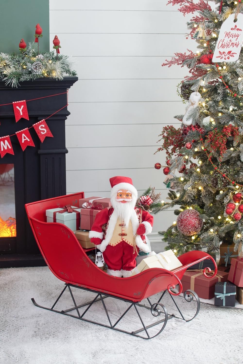 Christmas Sleigh Outdoor Decorations Large-sized Worn Red Metal Santa Sleigh Toy Decoration Gift Basket Winter Decorations Indoor Christmas Garden Santa Sleigh Decoration - 39 inches (Sleigh-L)