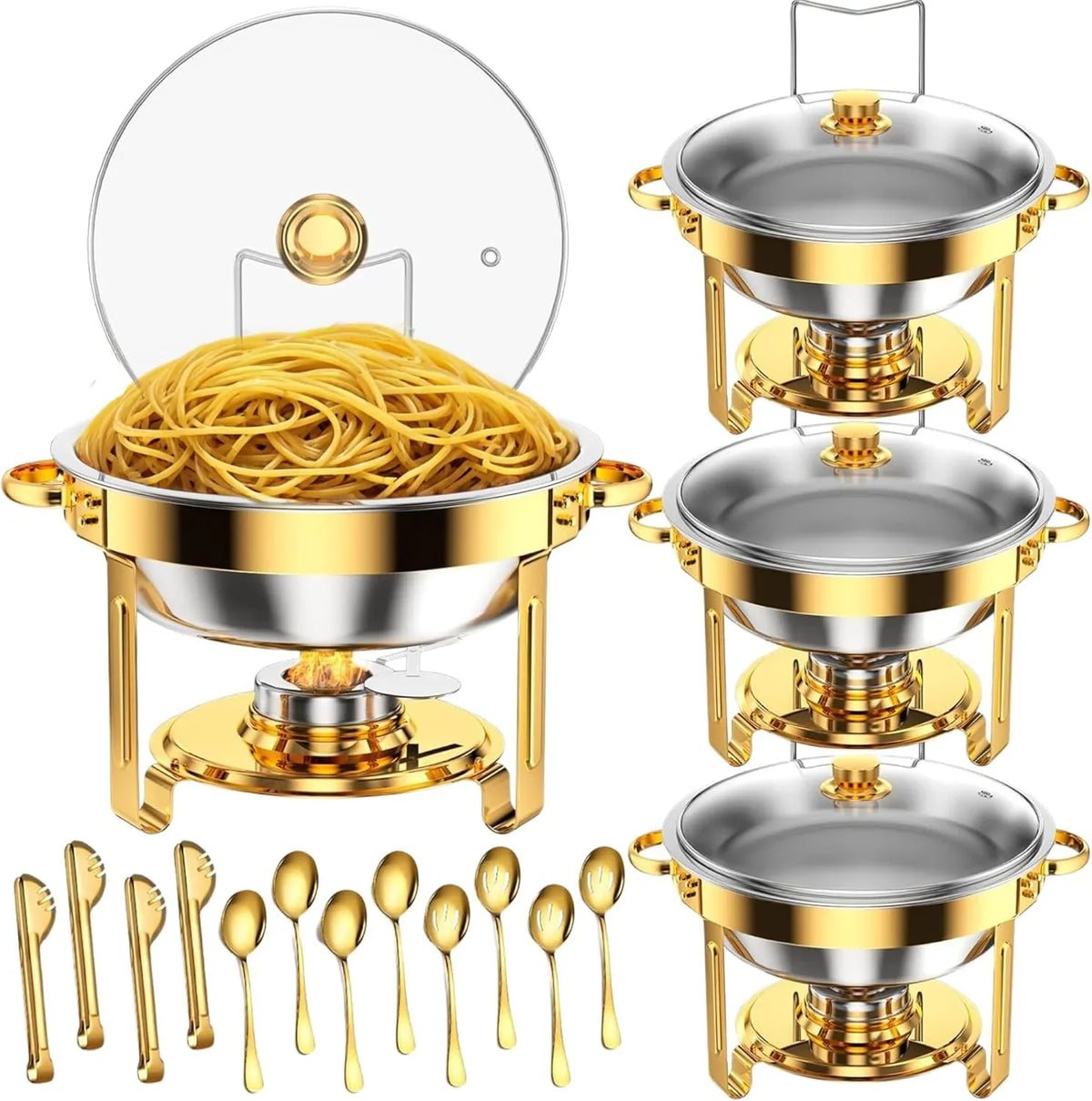 4 Pack Stainless Steel Chafing Dishes for Buffet, 9 QT Capacity 7 Pans Food Warmers for Parties, Weddings, Events Hosting, Family Gatherings, Full Set Catering Server with Serving Utensils Accessories