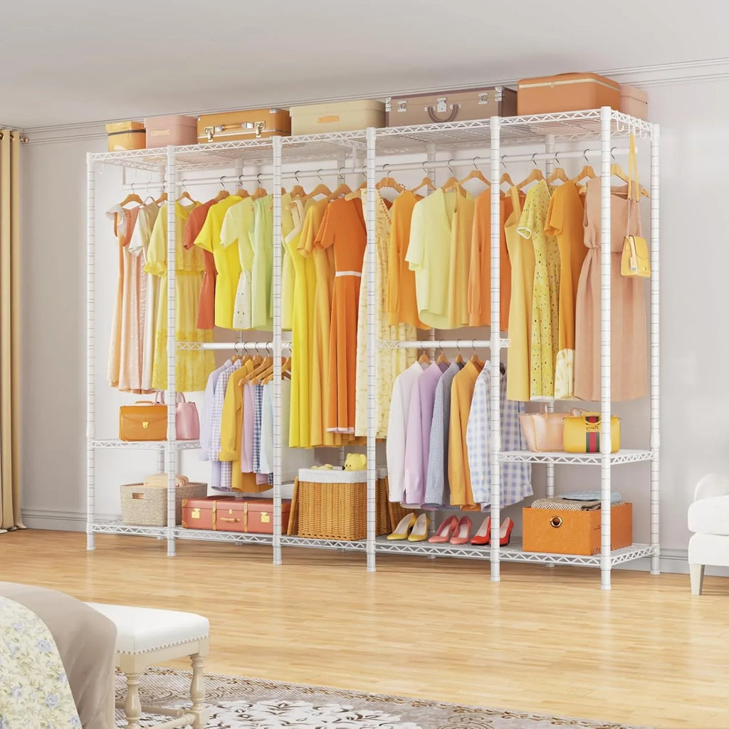 Super large clothes rack, heavy-duty clothes storage rack, standalone portable wardrobe, clothes rack for hanging clothes, 89.8 inches wide x 15.8 inches deep x 76.4 inches high, maximum load capacity of 1400 pounds, white