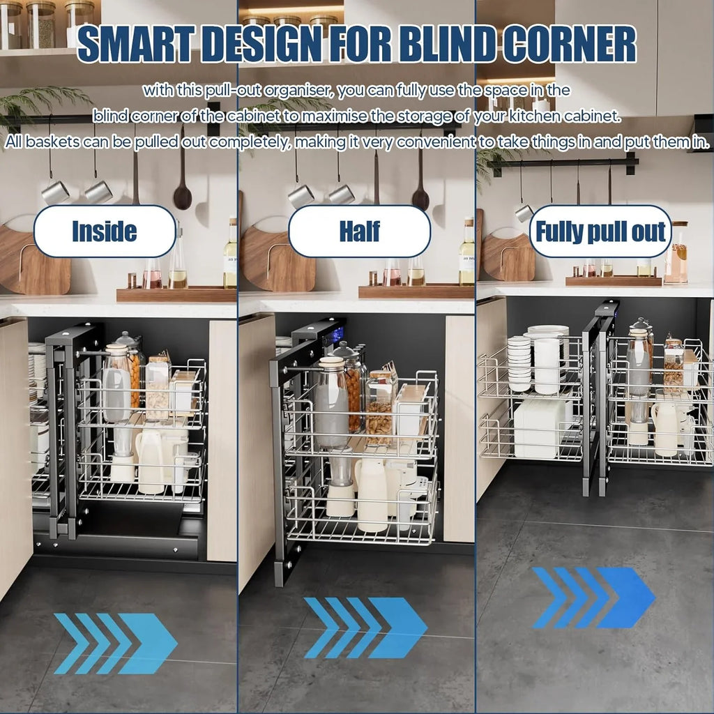 36" Blind Corner Pull Out Organizer,2 Tier 4 Shelf Kitchen Cabinet Organizer, Chrome Carbon Steel Storage Basket, Left Open & Right Open Compatible,for Blind Corner Kitchen or Bathroom Cabinet
