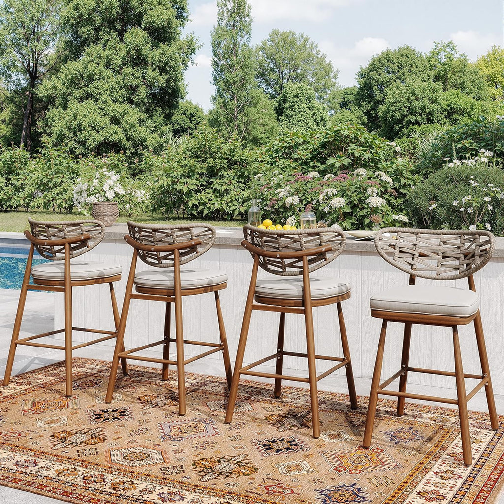 Outdoor Bar Stools Set of 2,Rattan Barstools Woven,29'' Bar Height Stools with Backrest and Teak Leg,Aluminum Bar Chairs Boho Bar Stool with Cushions,Tall Barstool for Patio,Teak