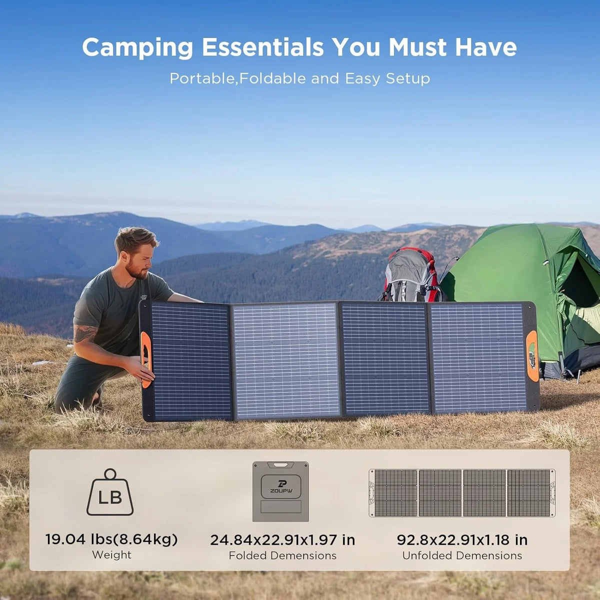 200 Watt Portable Solar Panel for Power Station,RV Essentials,200W 20V Foldable Solar Charger with Solar Cable,23.5% High Efficiency IP67 Waterproof 4 Kickstands for Camping RV Road Trip