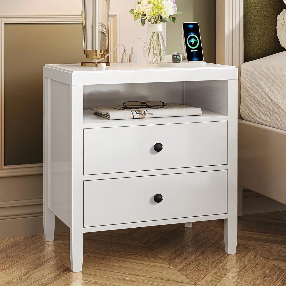 Modern bedside table with black metal finish - 2-piece set