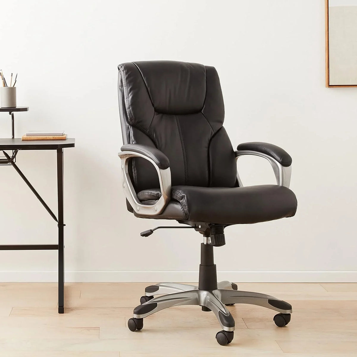 High-back executive office chair, adjustable in height, tiltable, rotatable, uniform size, white/mustard color