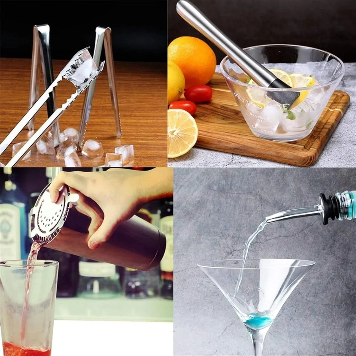 17pc Stainless Steel Cocktail Shaker Set Ice Strainer Clip Mixing Spoon Measure Cup Bar Tools Cocktail Set Can Opener Ice Shovel