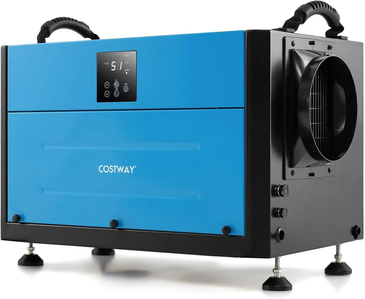 Commercial dehumidifier, suitable for 1300 square feet of basements, storage areas or work sites, equipped with a 9.8-foot drainage pipe and a wired remote control panel, white model.