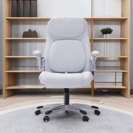 Ergonomic elastic polyurethane leather office chair, high-back modern executive office chair, equipped with 5 adjustable lumbar support cushions, tilting function, and reversible armrests. It is a comfortable home office computer desk chair, in black