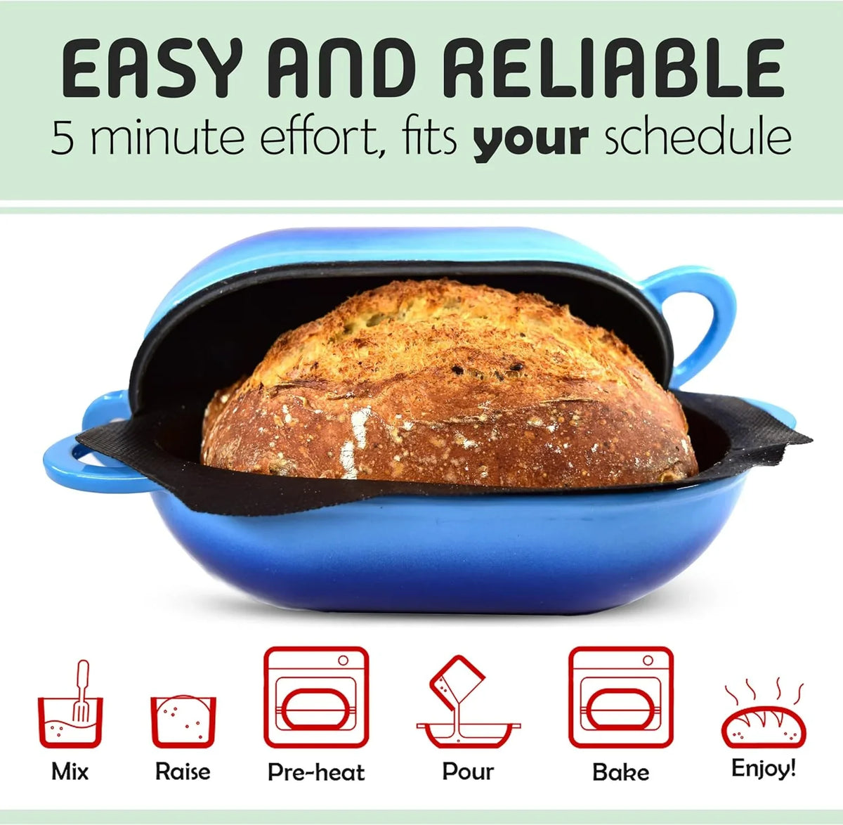 Super Simple Craft Bread Set. Cast iron Dutch oven [compact 2-bowl capacity] and perforated non-stick silicone liner.