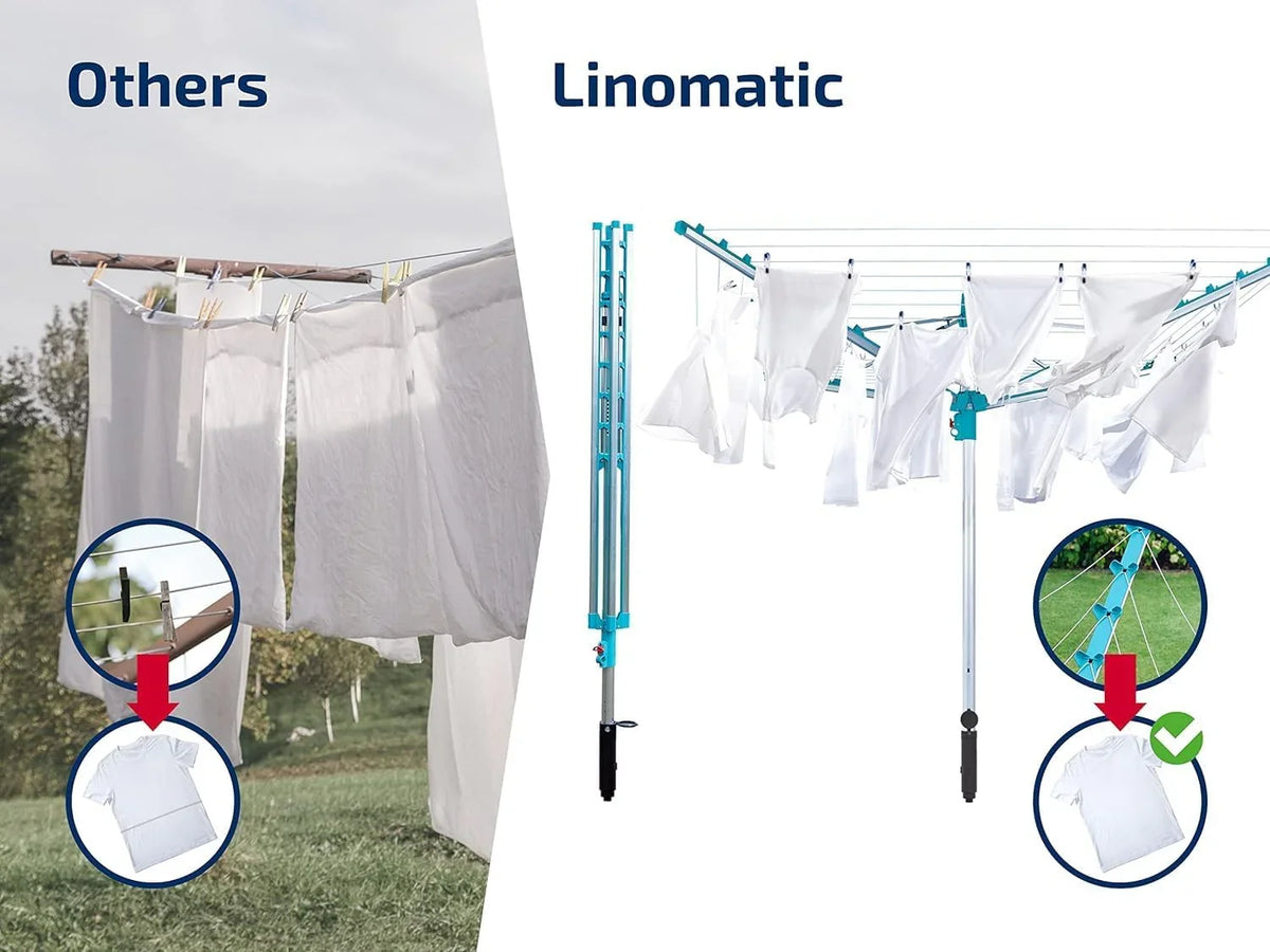 Simple drying machine, extendable by 50 meters to maintain cleanliness, made of fully rust-free aluminum material, with a shaft diameter of 3.28 meters and a maximum length of 2.03 meters. It has a pull-out rotating clothes drying rack, emerald green