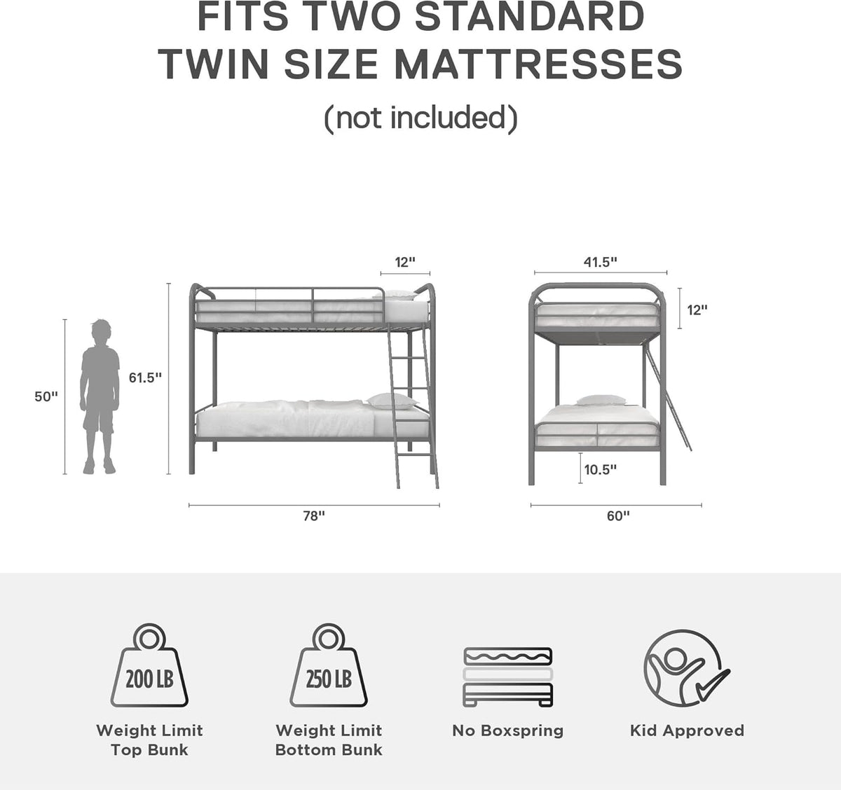 DHP Dusty Twin Over Full Metal Bunk Bed, Off White