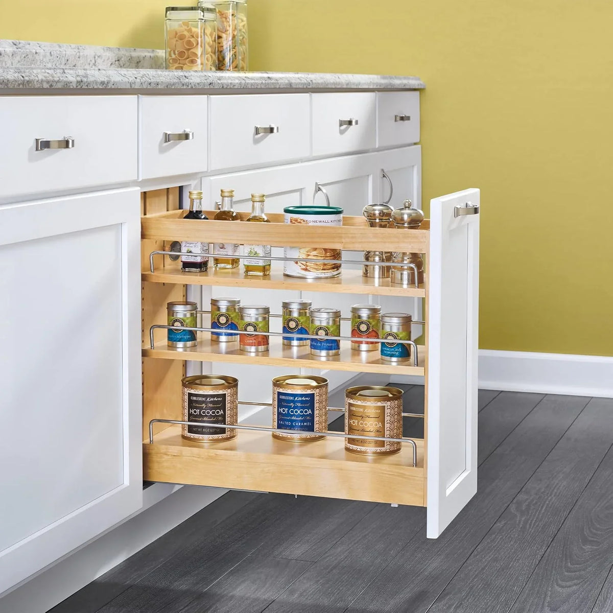 5-inch pull-out storage rack, suitable for bottom cabinets in kitchens/bathrooms, with a soft-closing slide rail for a spice rack/food storage rack, made of wood material