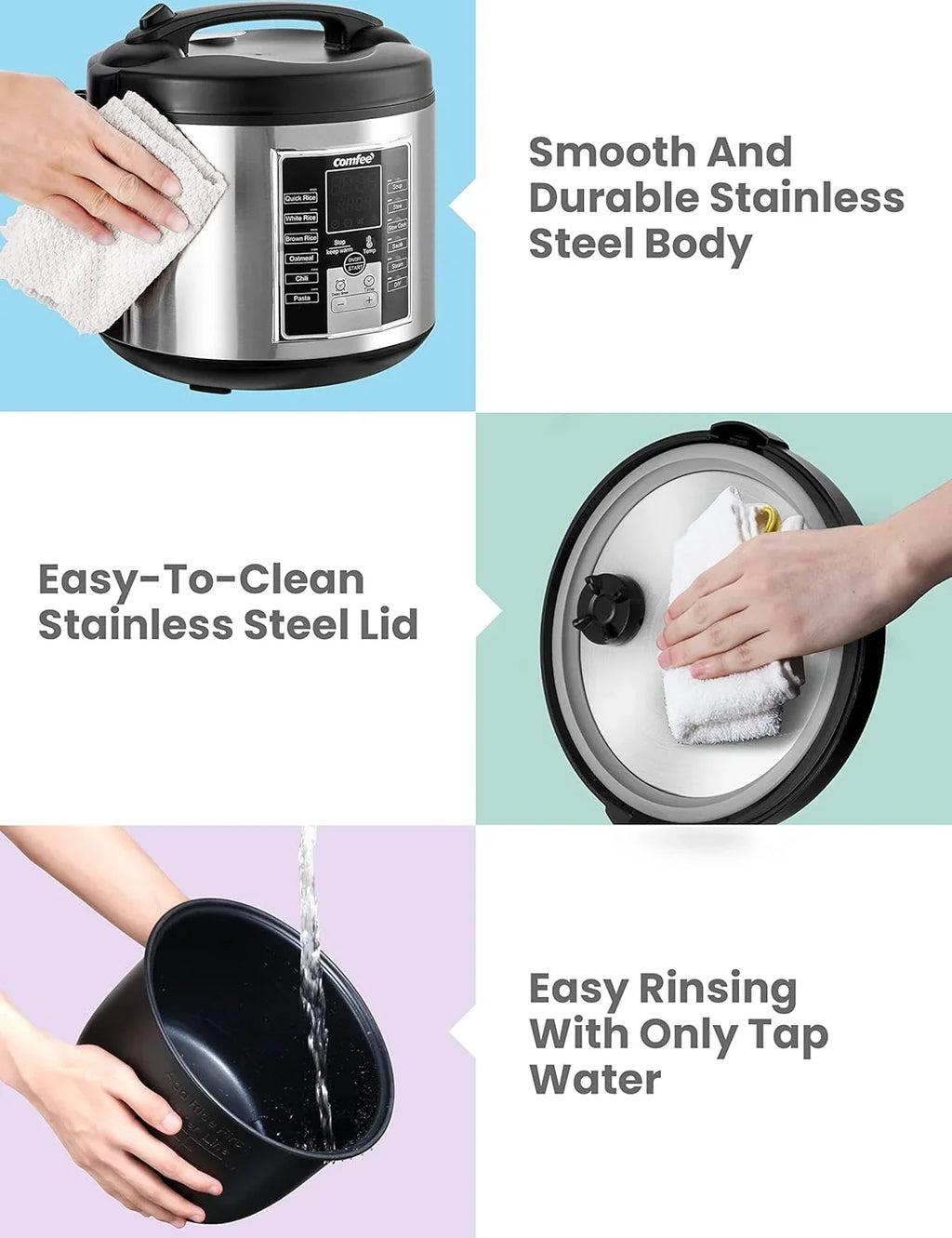 Compact electric rice cooker, 6-in-1 stainless steel multi-functional cooking utensil, slow cooker, steamer, frying pan, heater and warmer, 2-gallon capacity (8 cups cooked, 4 cups uncooked), suitable for brown rice, quinoa and oats, 6 one-button pro