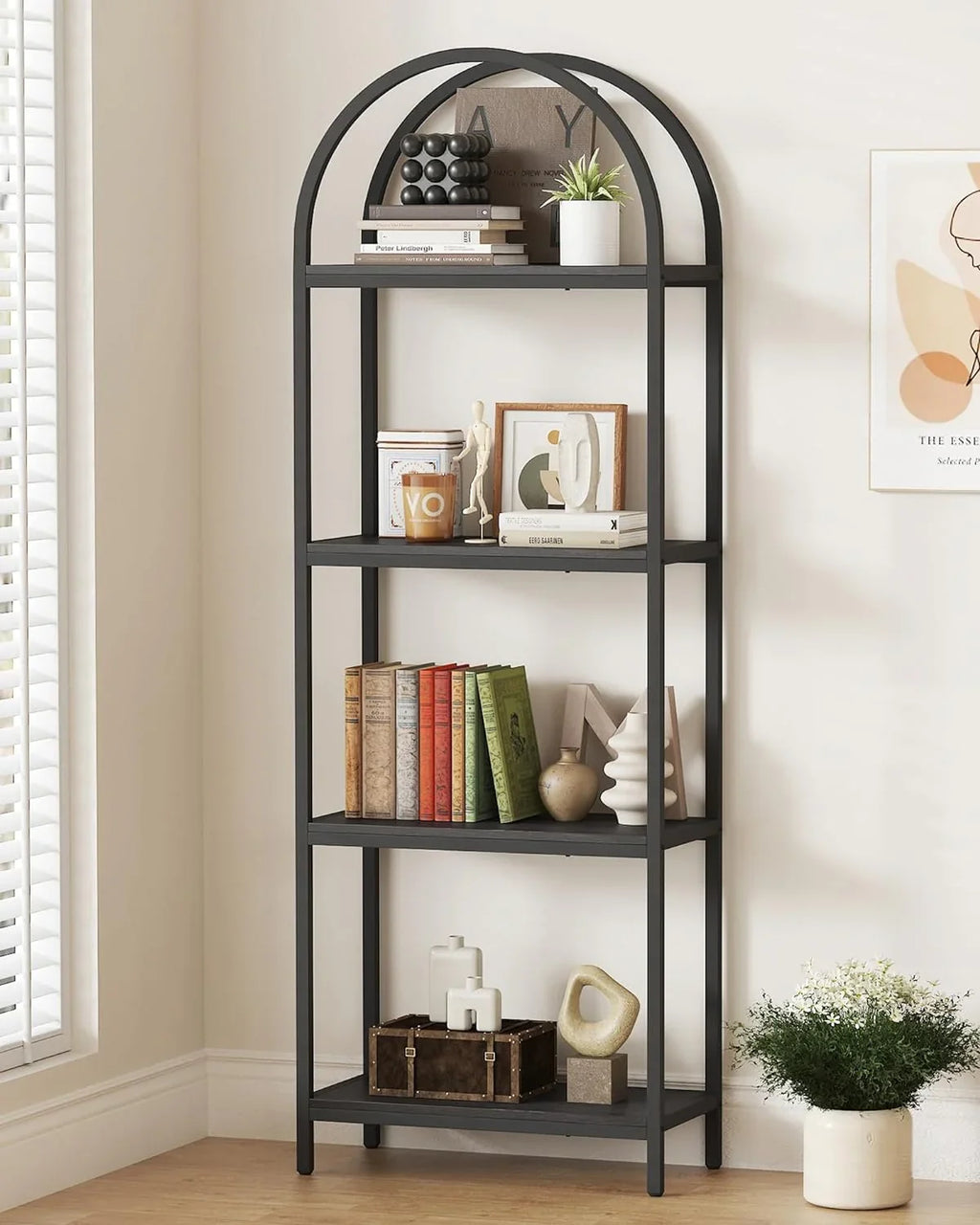 Yusong Bookshelf Rattan Arched Bookcase, 74" Tall Industrial Open Book Shelves for Living Room, Modern Freestanding Boho 5 Tier Display Storage Rack with Metal Frame, Office, Bedroom, Burlywood
