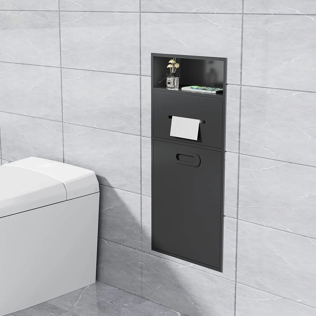 6.2 Gallon Bathroom Trash Can Tilt Out Trash Bin Cabinet, Hidden Trash Can Cabinet Recessed Wall Mounted Stainless Steel with Toilet Paper Holder for Bathroom/Bedroom/Office/Kitchen, Black