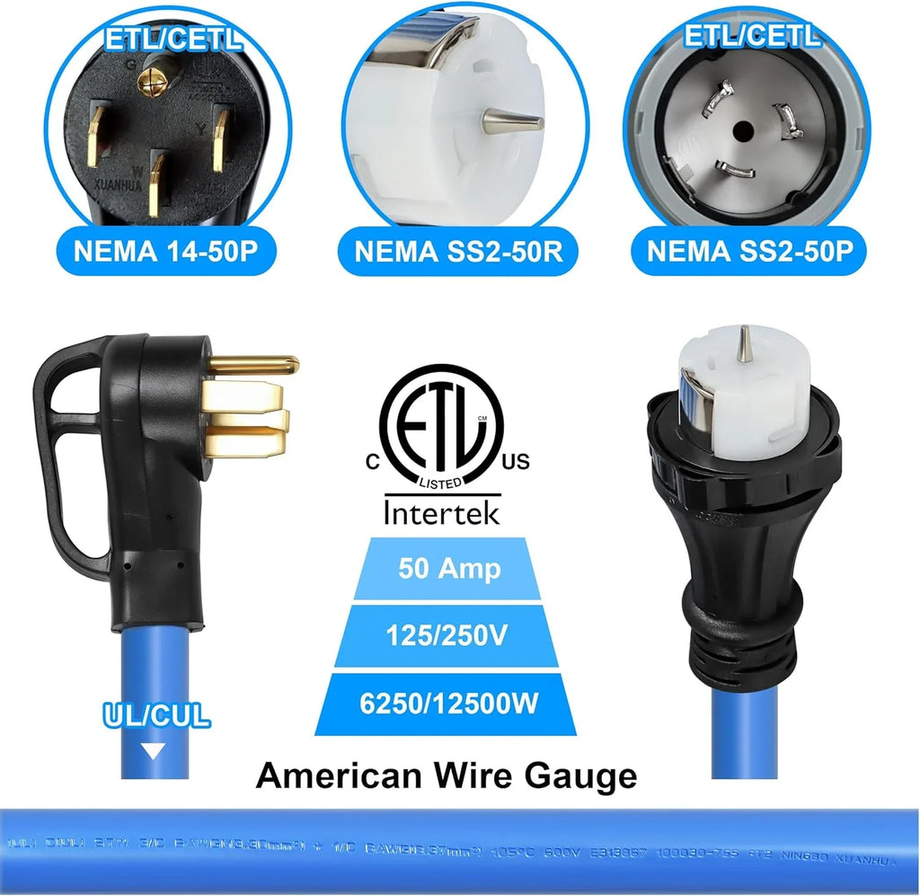 50 Amp Generator Cord and Pre-Drilled Power Inlet Box, Generator Cords 50FT, 50 Amp 125V/250V Generator Power Cord, NEMA 14-50P / SS2-50R Twist Lock Connector