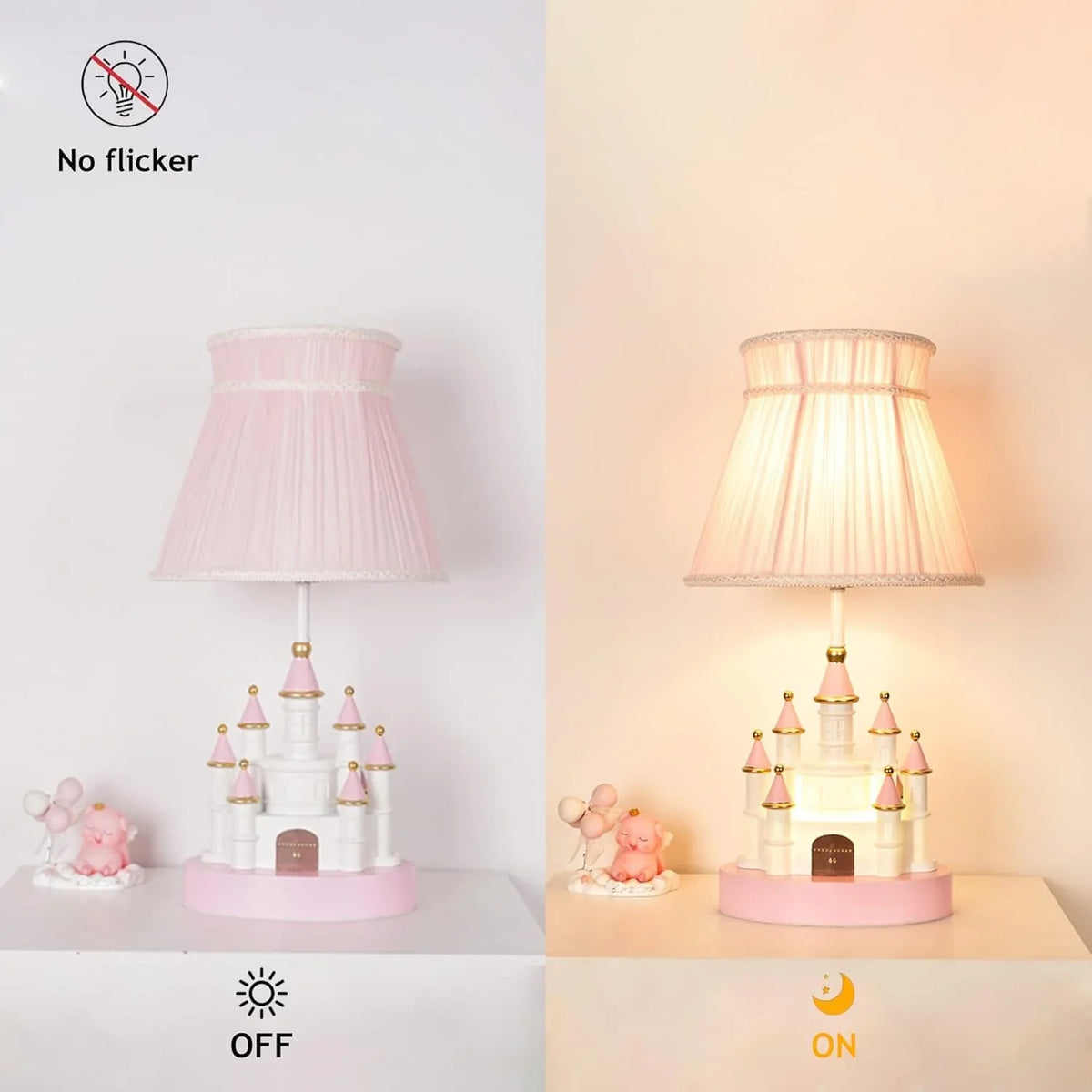 Cartoon children's table. Light pink bedside table. Princess-style cute castle-shaped resin material lamp for girls' bedroom and living room, with fabric shade cover.