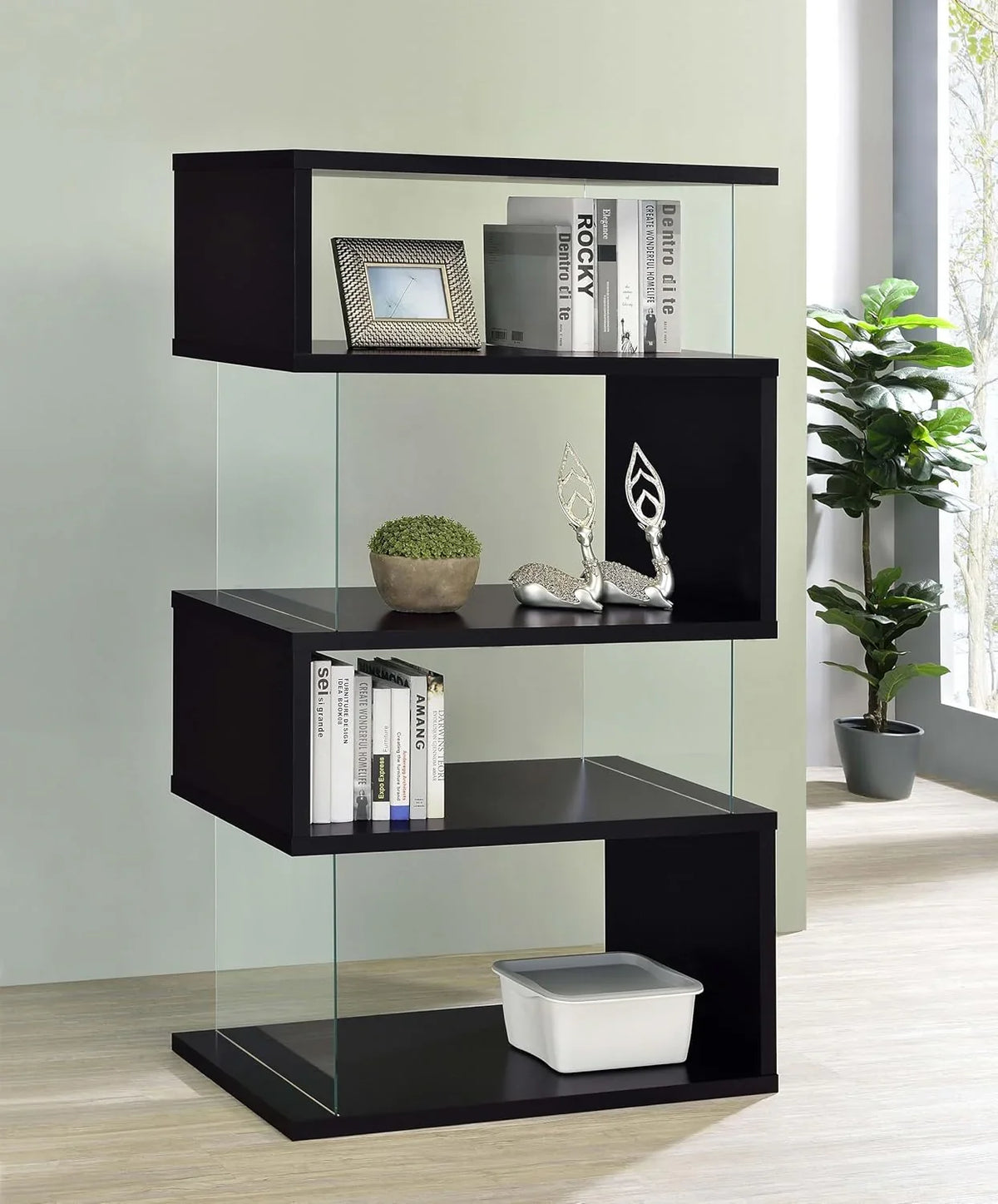 Home products company Amelier 63-inch 4-layer glass panel bookshelf in brown pine color