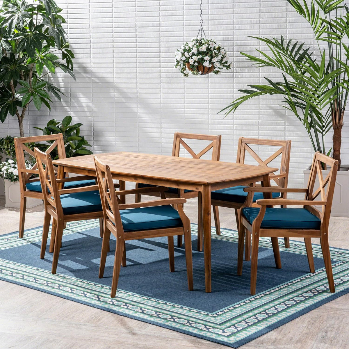 7-piece cherry wood dining set, teak surface / blue