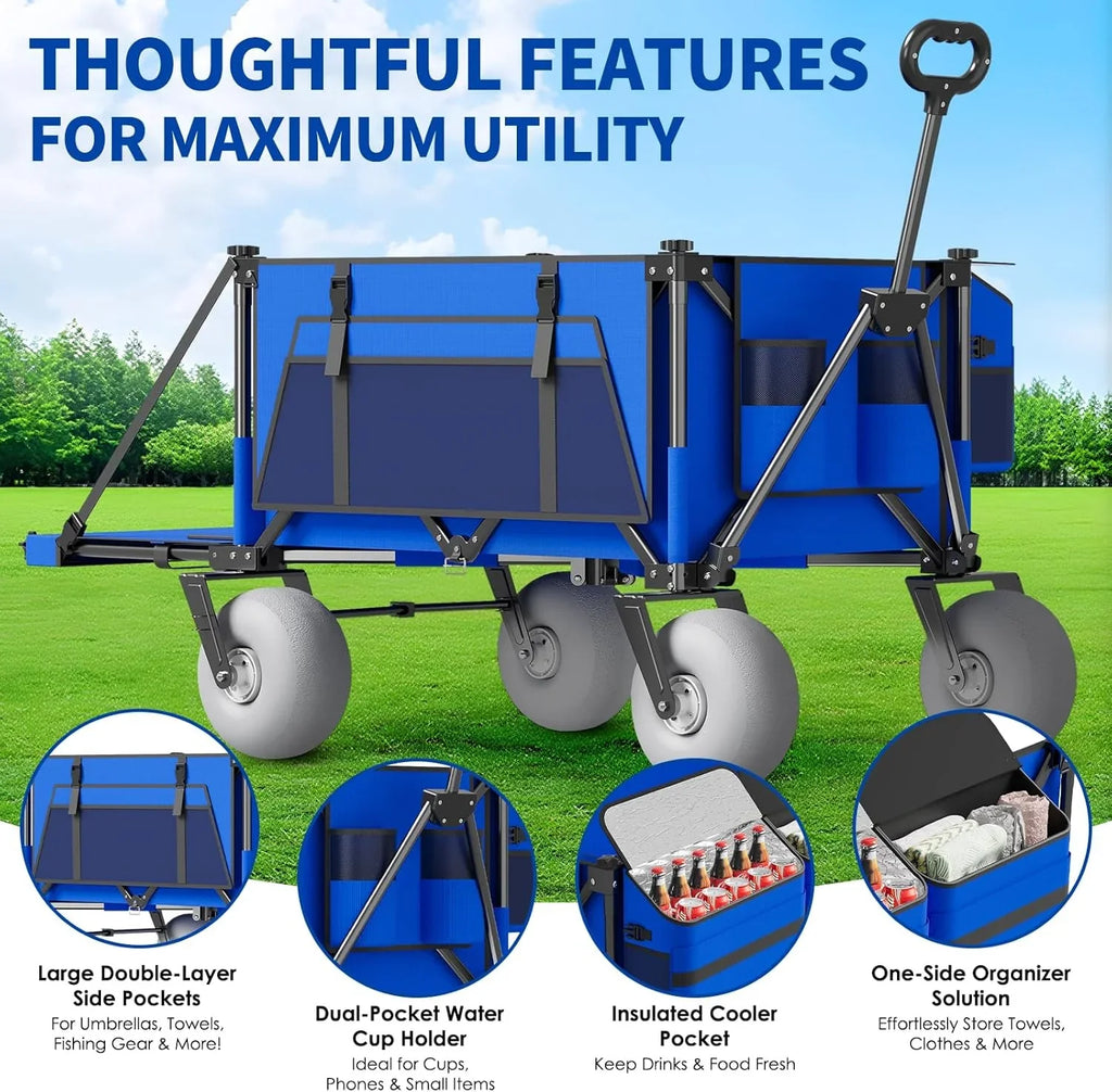 Beach Wagon with Big Wheels for Sand - 450lbs Load Heavy Duty Wagons Carts Foldable with 9" All Terrain Inflatable Tires, Collapsible Beach Cart for Grocery Shopping Garden Sports Camping Outdoor