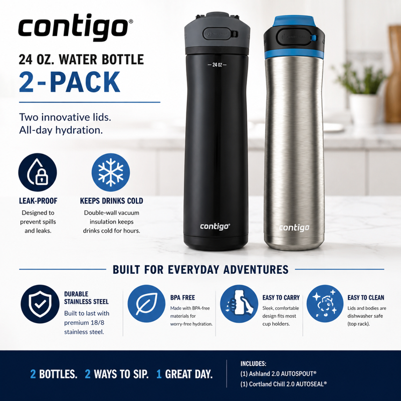 Contigo® 2-Pack 24 oz Water Bottles – Ashland 2.0 AUTOSPOUT® Licorice Black + Cortland Chill 2.0 Stainless Steel AUTOSEAL® Leakproof Bottles