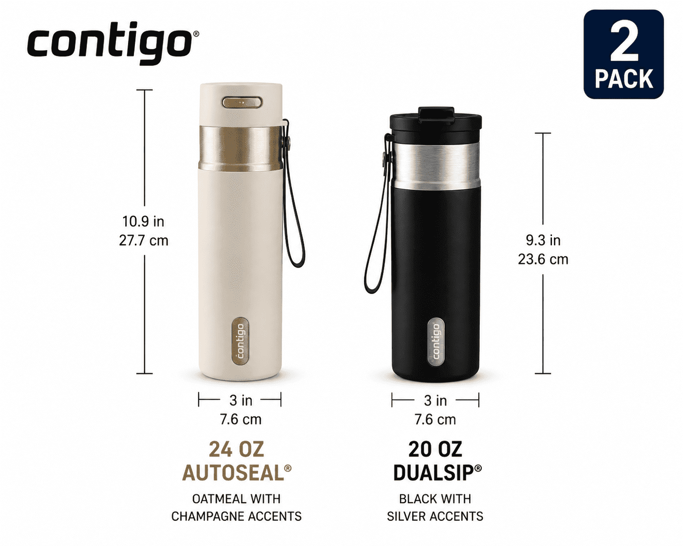 Contigo 2-Pack Water Bottles  AutoSeal 24 oz Leakproof Bottle with Carry Strap Oatmeal/Champagne and  DualSip 20 oz Insulated Bottle with 2-Way Lid Black/Silver