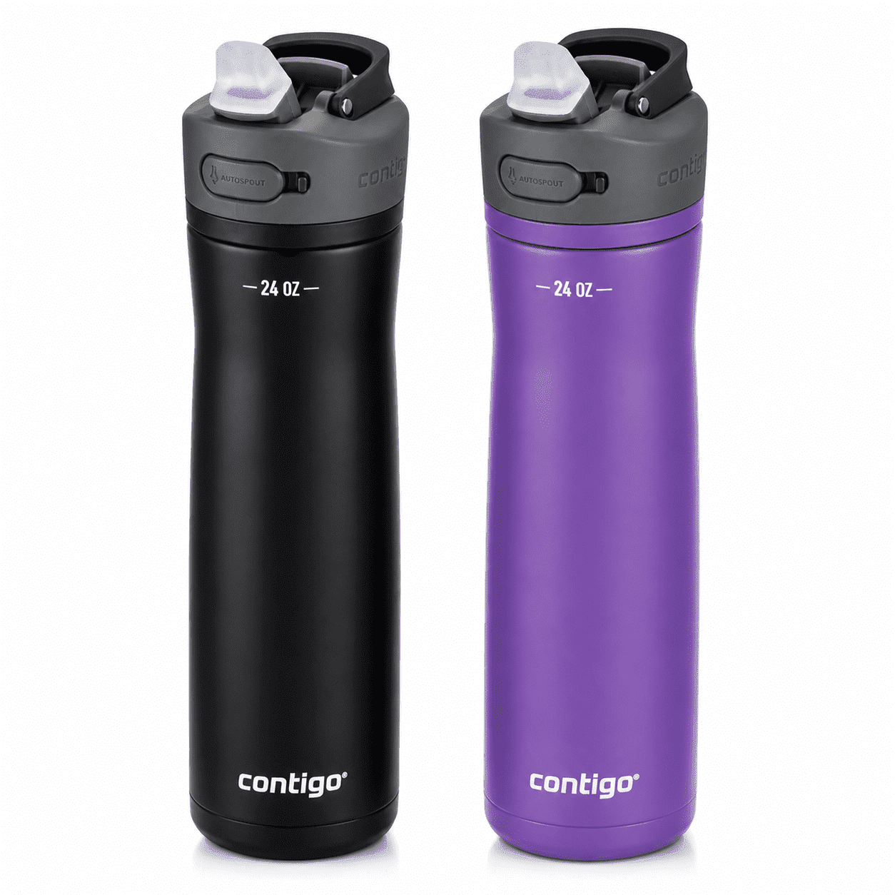 Contigo Ashland Chill 2.0 Stainless Steel Water Bottle with AUTOSPOUT Lid & Straw, 24 oz  2-Pack (Black & Pansy Purple), Leakproof, Insulated, BPA-Free