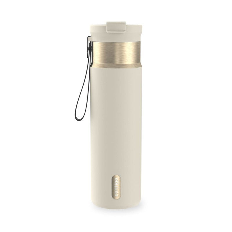 Contigo 24 oz DualSip Stainless Steel Leak-Proof Insulated Water Bottle with Straw or Sip Lid and Carry Strap, Cream/Champagne