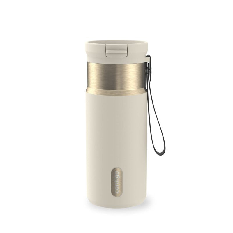 Contigo SnapSeal Leakproof Stainless Steel Reusable Water Bottle with Carrying Strap, Cream/Champagne, 16 oz