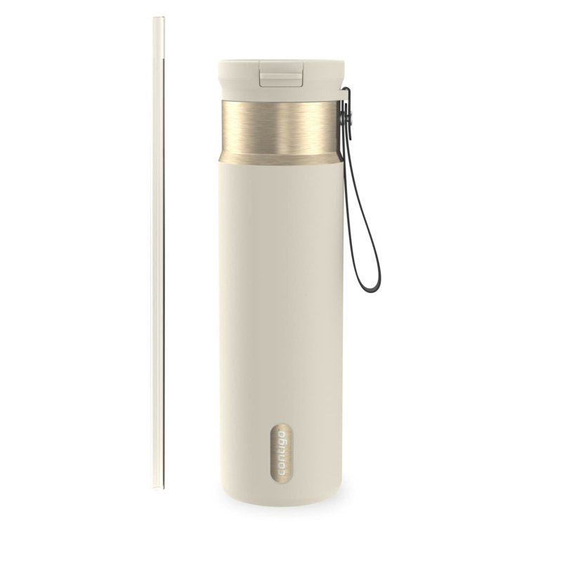 Contigo 24 oz SnapSeal Leak-Proof Stainless Steel Water Bottle – Keeps Drinks Hot & Cold, Reusable Straw, Spill-Proof for Bags, Carry Strap, Cream/Champagne