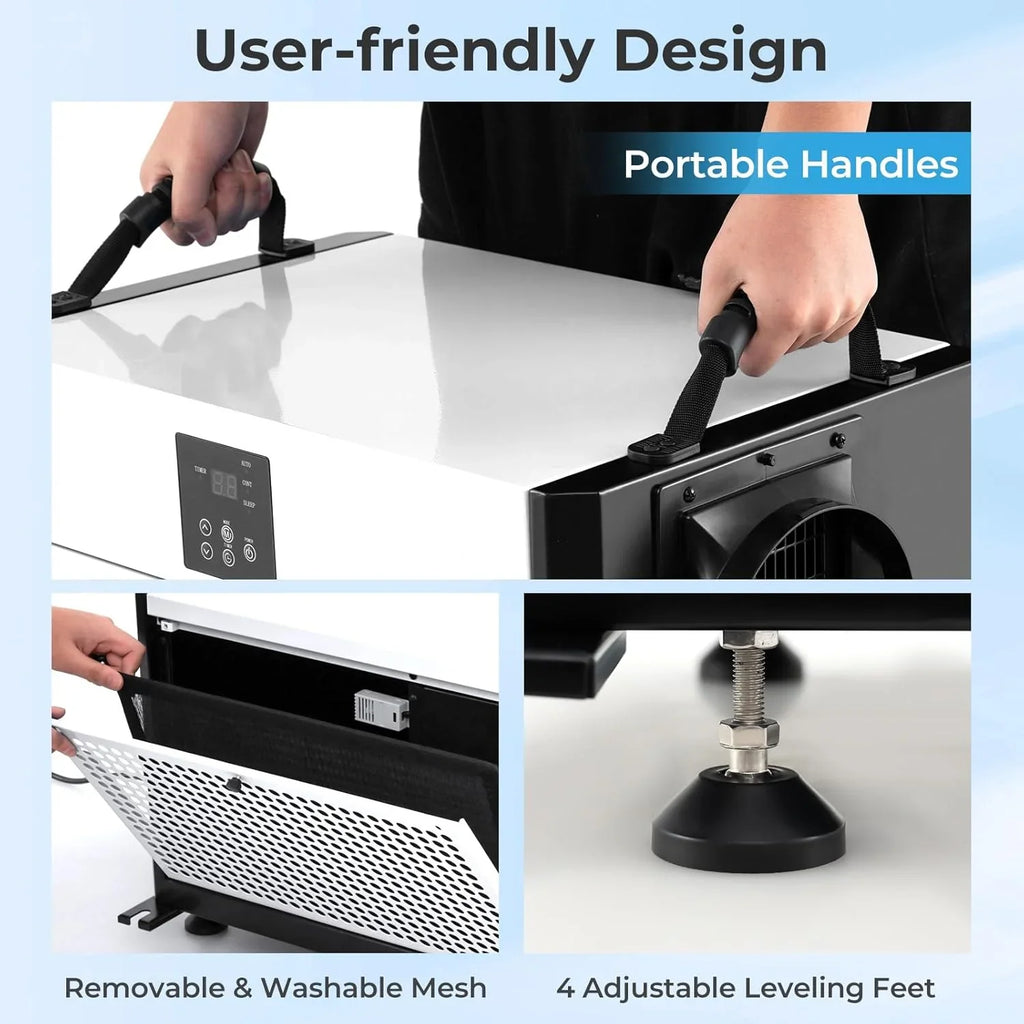 Commercial dehumidifier, suitable for 1300 square feet of basements, storage areas or work sites, equipped with a 9.8-foot drainage pipe and a wired remote control panel, white model.