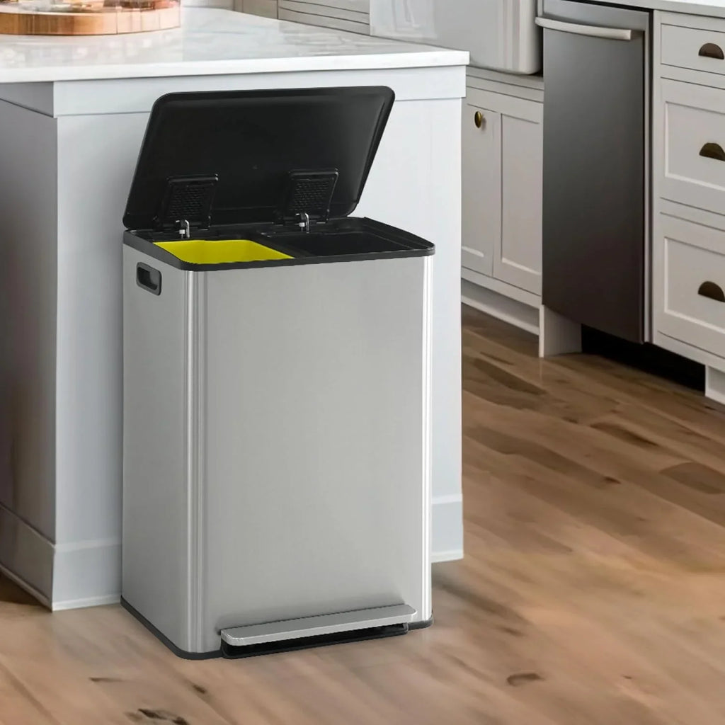 CAPHAUS Dual Trash Can with Double Lid, Trash and Recycle Bins Combo, Hands-free Stainless-Steel Garbage Can for Kitchen, with 2 Compartment, Hinged Lid, Odor Filters, Handles, 25L 25L, 2 x 6.6 Gallon