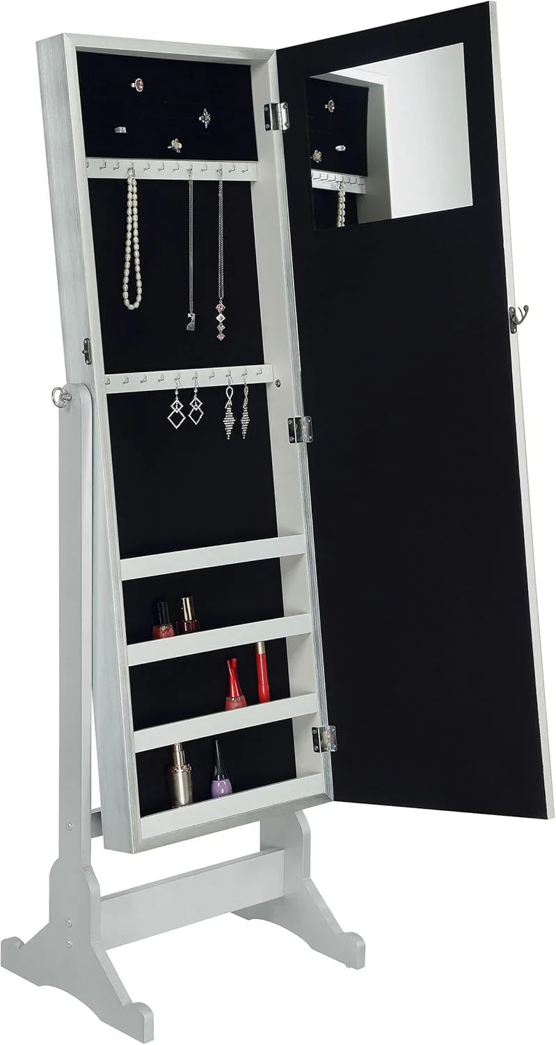 Mounted-style mirror cabinet, featuring jewelry storage function, with a design allowing the entire length to be tilted, rectangular shape - bedroom - silver color
