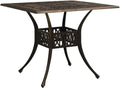 Bronze terrace table, made of cast aluminum, suitable for outdoor use, square design, stable and durable, with dimensions of 35.4 inches × 35.4 inches × 28.7 inches, equipped with umbrella holes, requires assembly.