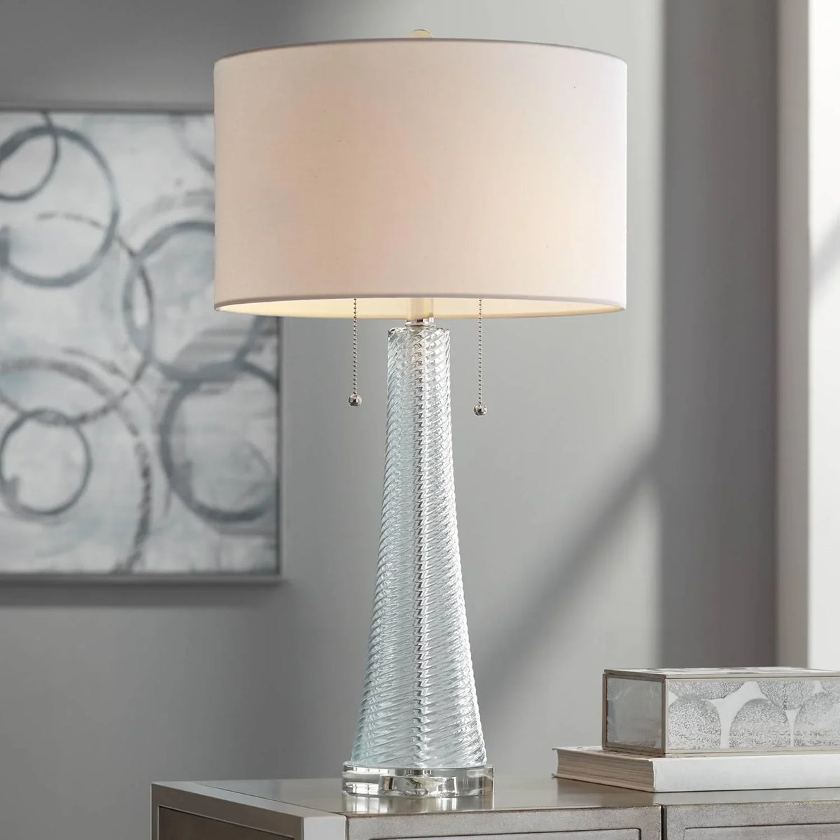 Modern desk lamp, 28.5 inches high, 2 sets. Features a sky-blue textured glass lampshade and a white cylindrical lampshade with a vortex pattern. Suitable for living room, bedroom, bedside table, night light, office, and home use.