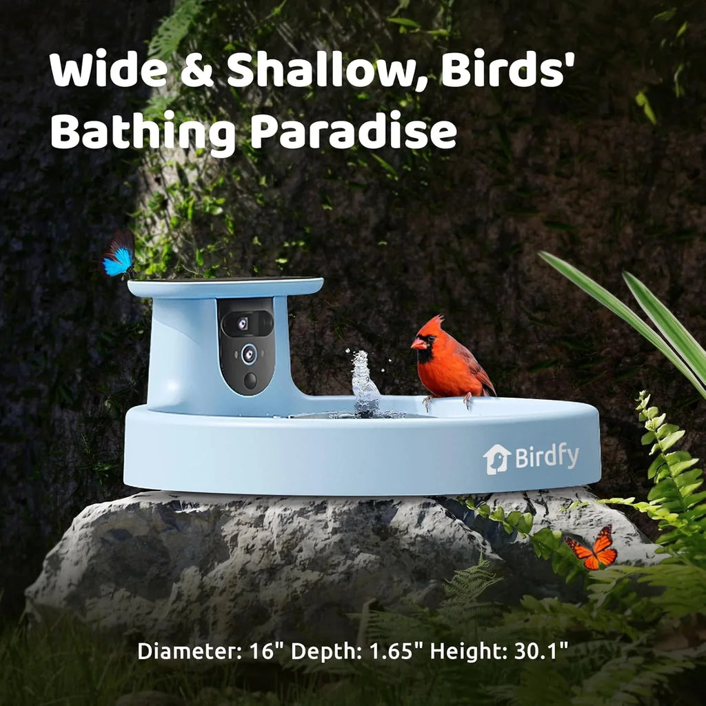 Smart Bird Bath, equipped with a camera, solar power supply, fountain and stand. It features a dual-lens camera for bird observation, automatically captures bird videos and has motion detection functionality.