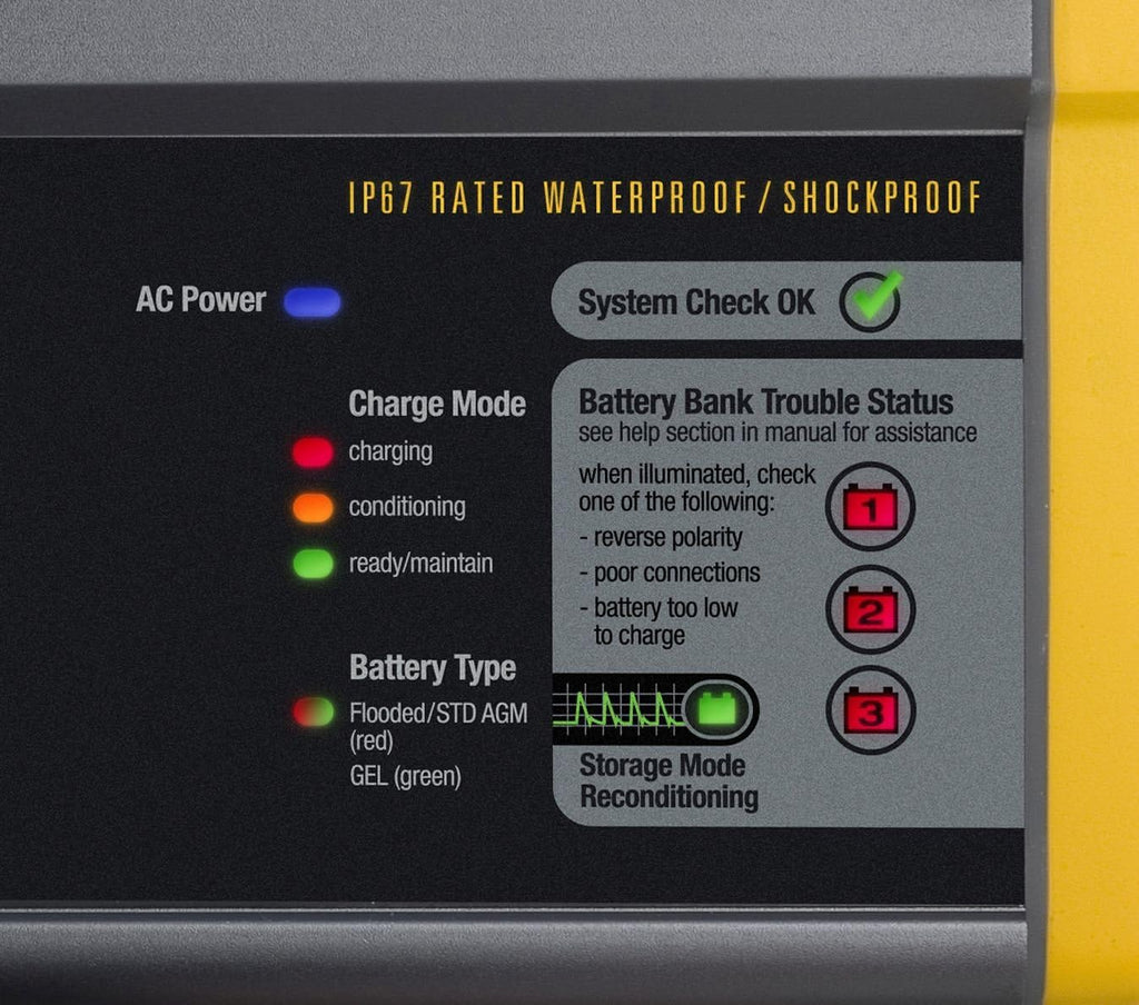 20 amperes, 12/24 volts, 2 battery packs, waterproof, waterproof battery charger for use on water.