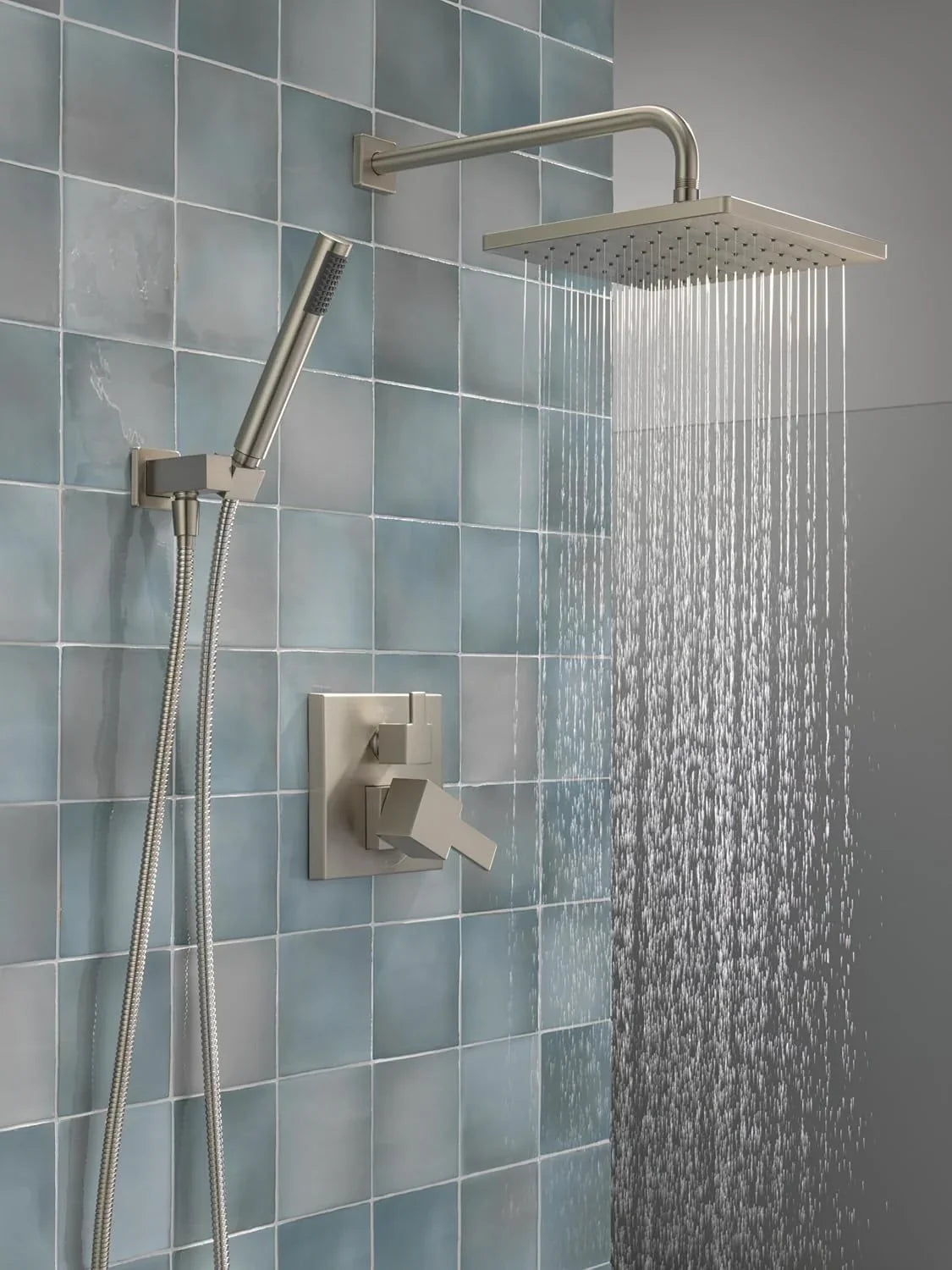 Square shower head set, rain shower head and handle set made of brushed nickel material, valve cover kit, 10 inches, stainless steel