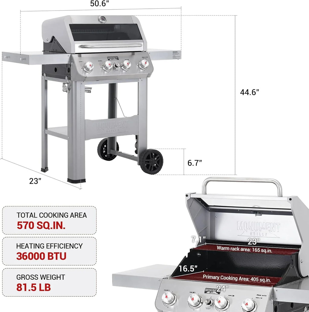 Grills 4-Burner Liquid Propane Gas Grill, Silver Stainless Steel Grill Outdoor Patio Garden Barbecue Grill with Clearview® Lid and One Foldable Shelf, Mesa400MF