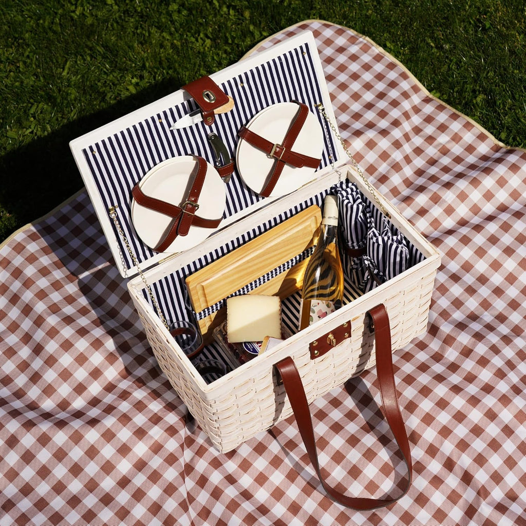 Outdoor picnic basket (with lid and handle), four-person picnic basket (including accessories) picnic equipment set (28-piece set)