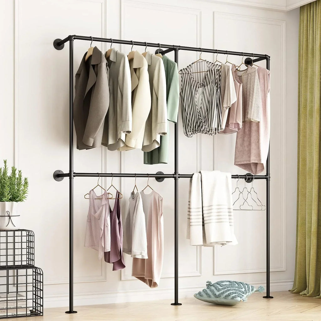 Industrial-style wall-mounted pipe clothes hanger, wall-mounted clothes hanger with double hanging rods, for closet storage (gold)