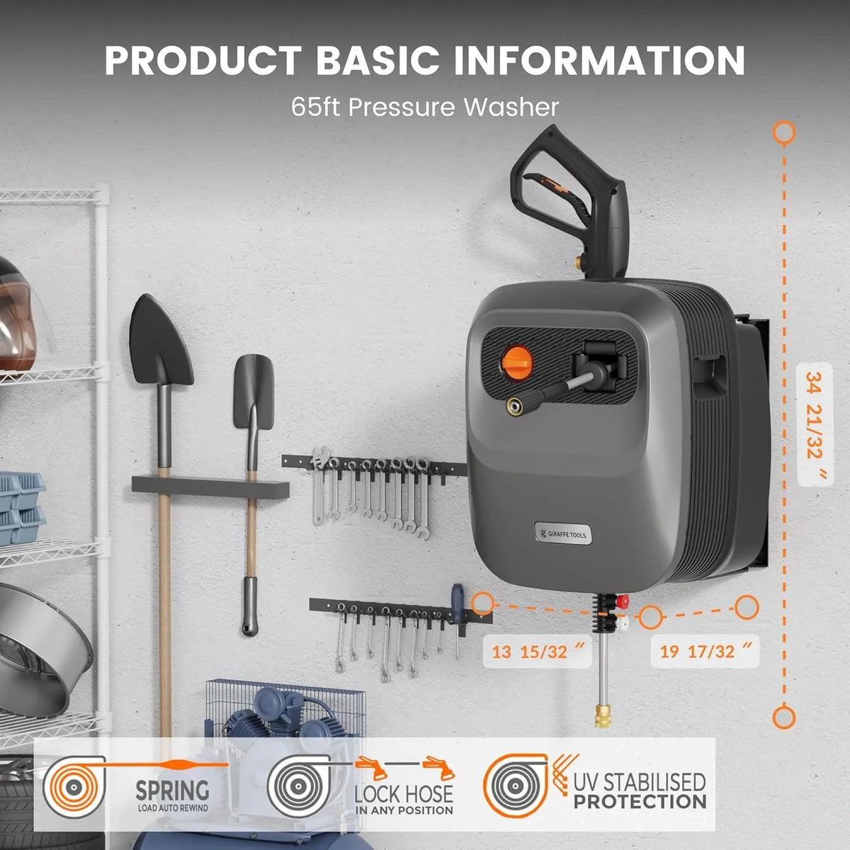 Pressure Washer G20 Pro, 2500 PSI 2.2 GPM, 180° Wall Mounted Power Washer, Auto-retract with 65FT Hose Reel, 5 Nozzles for Floor/Cars/Fences/Patios, Dark Silver