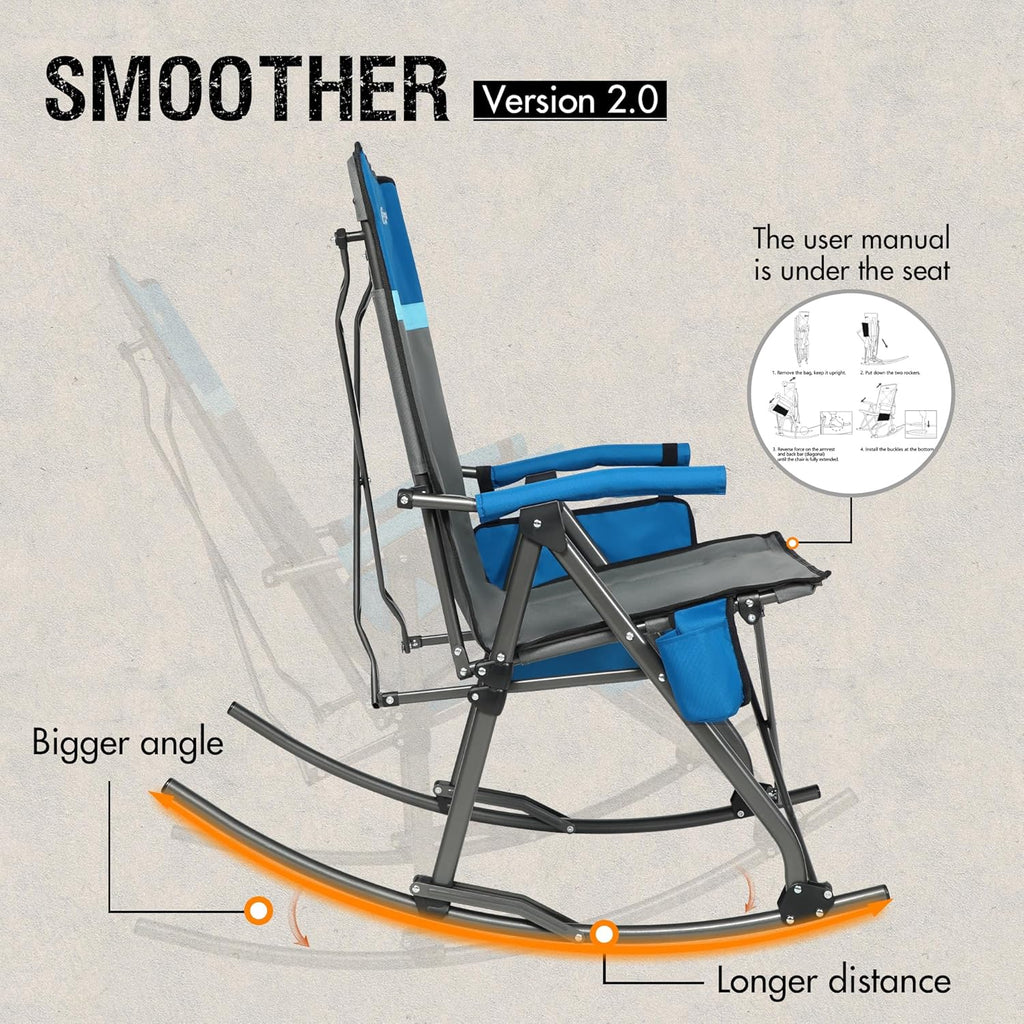 Large-sized foldable rocking chair-style camping chair. Portable outdoor rocking chair, equipped with a high back and sturdy armrests. The carrying bag can bear a weight of 300 pounds. The back of the seat has padding. The color is blue.
