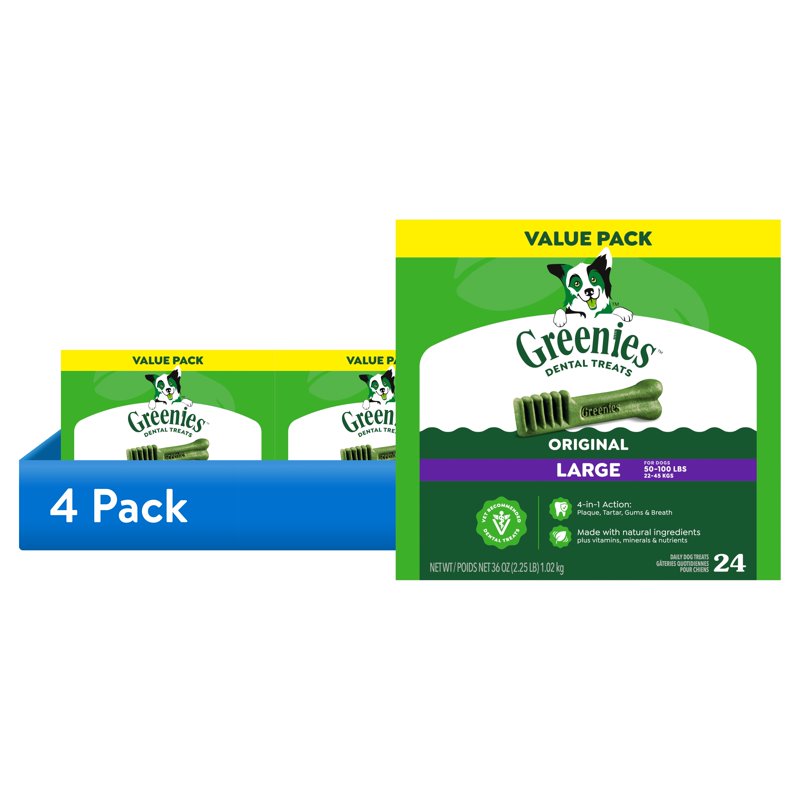 (4 pack) Greenies Original Large Natural Dog Dental Care Dog Treats, 36 Oz (24 Treats)